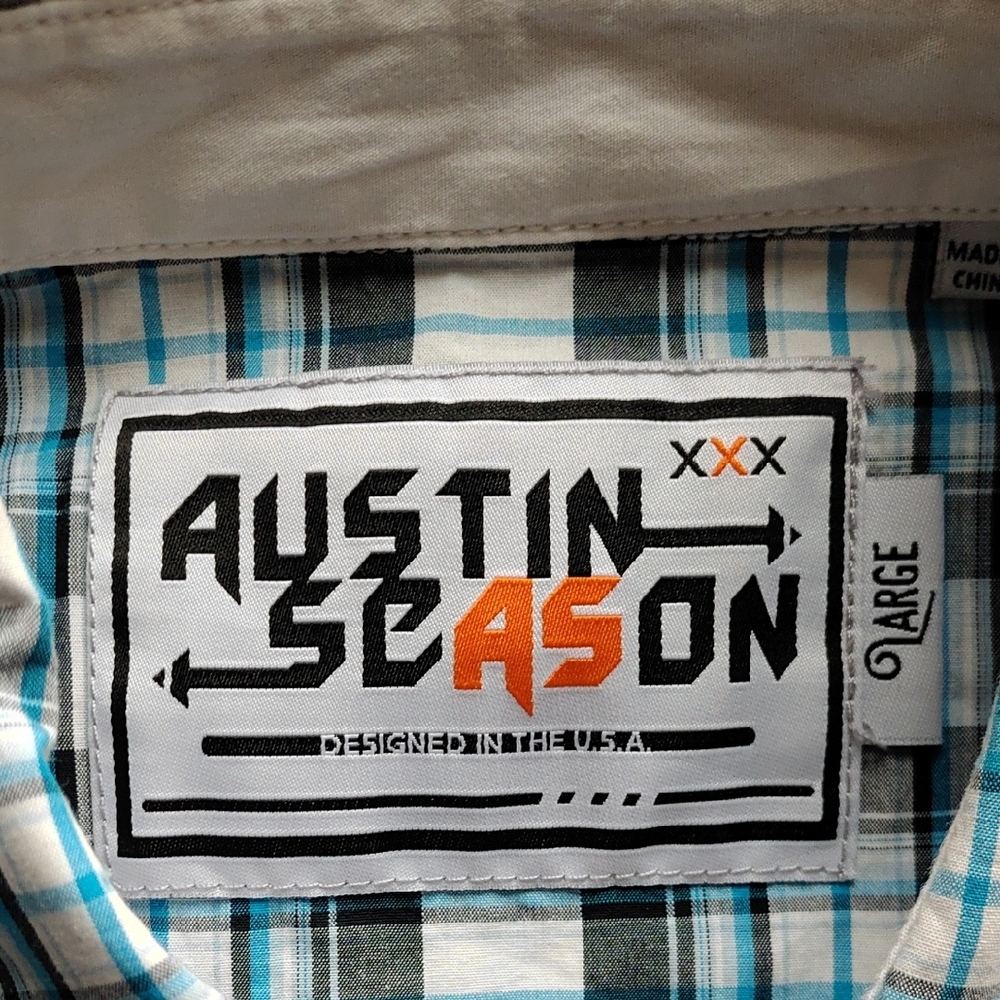 Austin Season Men's Size L Casual Blue Black and White Button Down Cotton Shirt